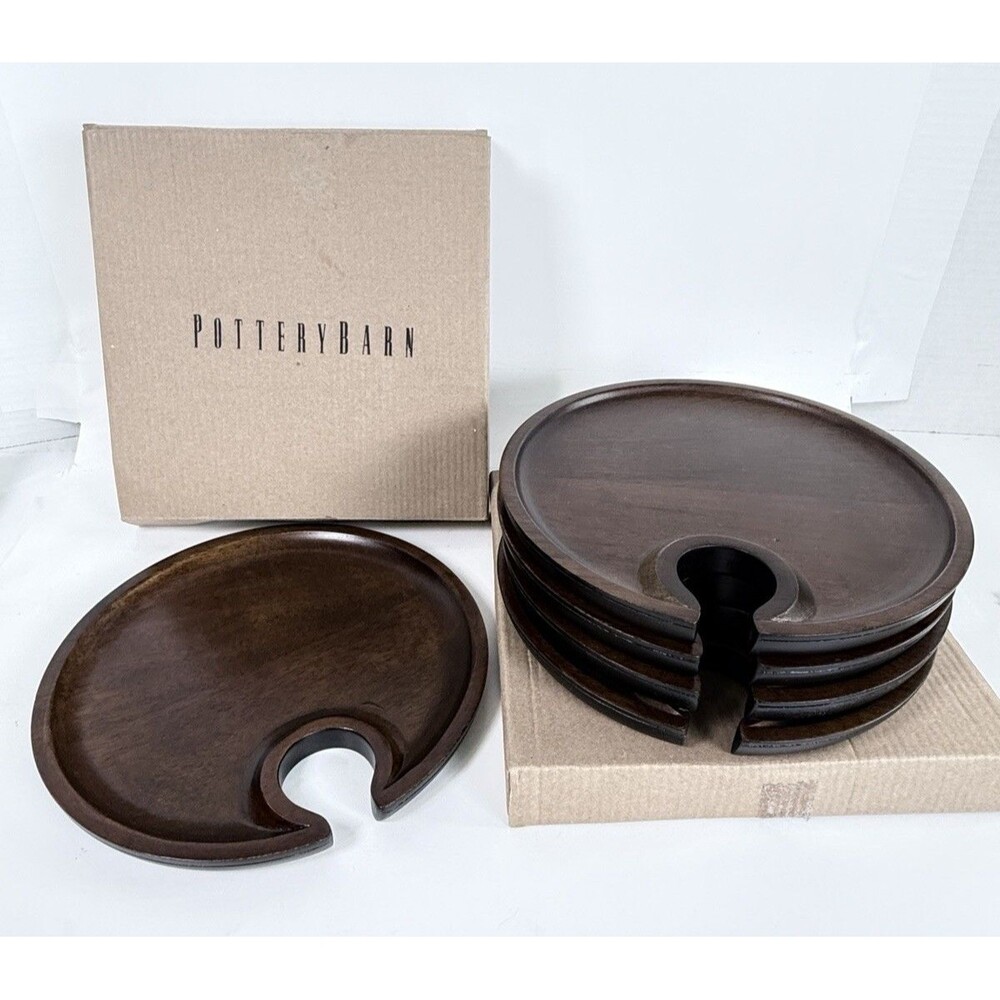 Pottery Barn Mingling Plates Espresso Wood Set of 6 Wine Glass Holder Party